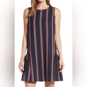 Halogen Women Flounce Back Navy Red Vertical Stripe Shift Dress Casual Size XXS